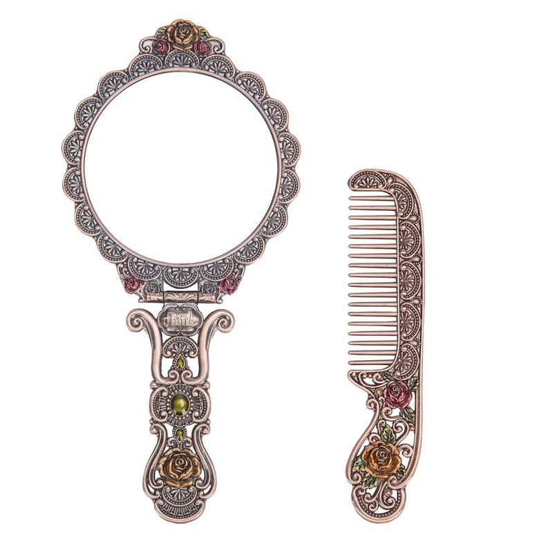 Nerien Vintage Mirror Comb Set Metal Antique Rose Style Handheld Makeup Mirror Travel Round Folding Cosmetic Mirror Women's Vanity Handle Foldable Mirrors Decorative Tabletop Mirrors Copper - Image 2